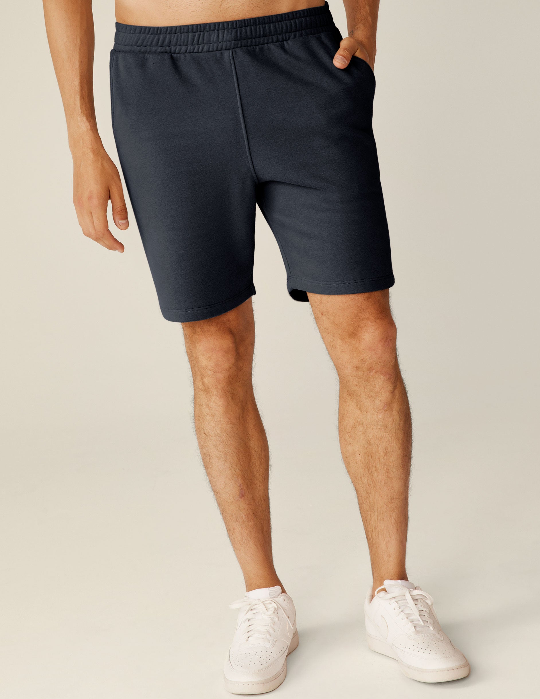 blue mens sweat shorts with pockets. 