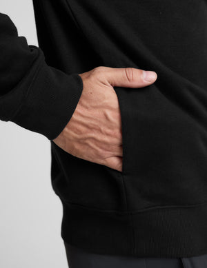 Man wearing a black quarter-zip sweatshirt and gray pants on a light gray background. 