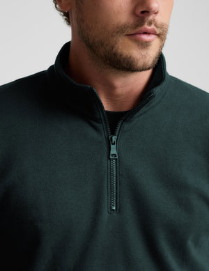 Man wearing a dark green quarter-zip sweater against a light gray background. 