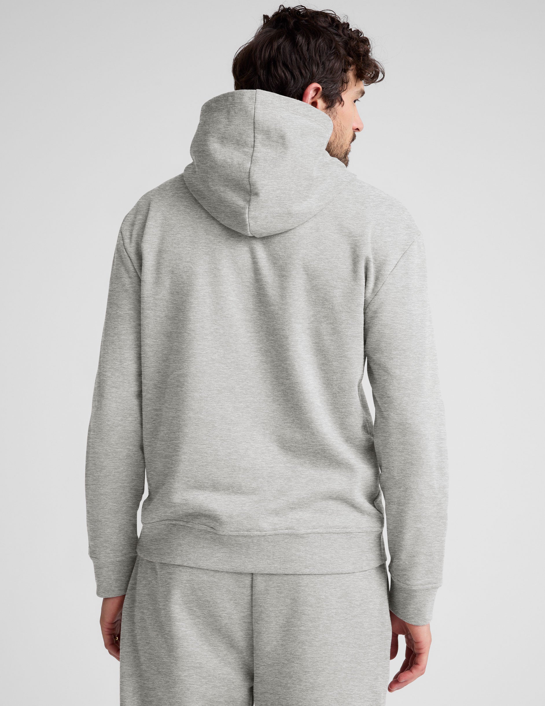 gray hoodie jacket with a kangaroo pocket. 