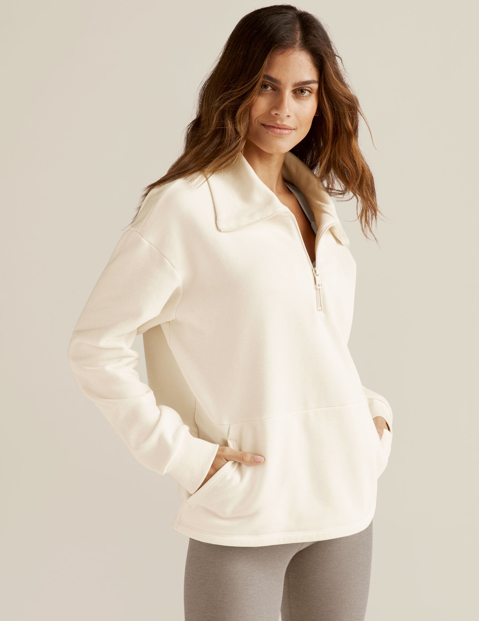 white quarter-zip fleece pullover. 