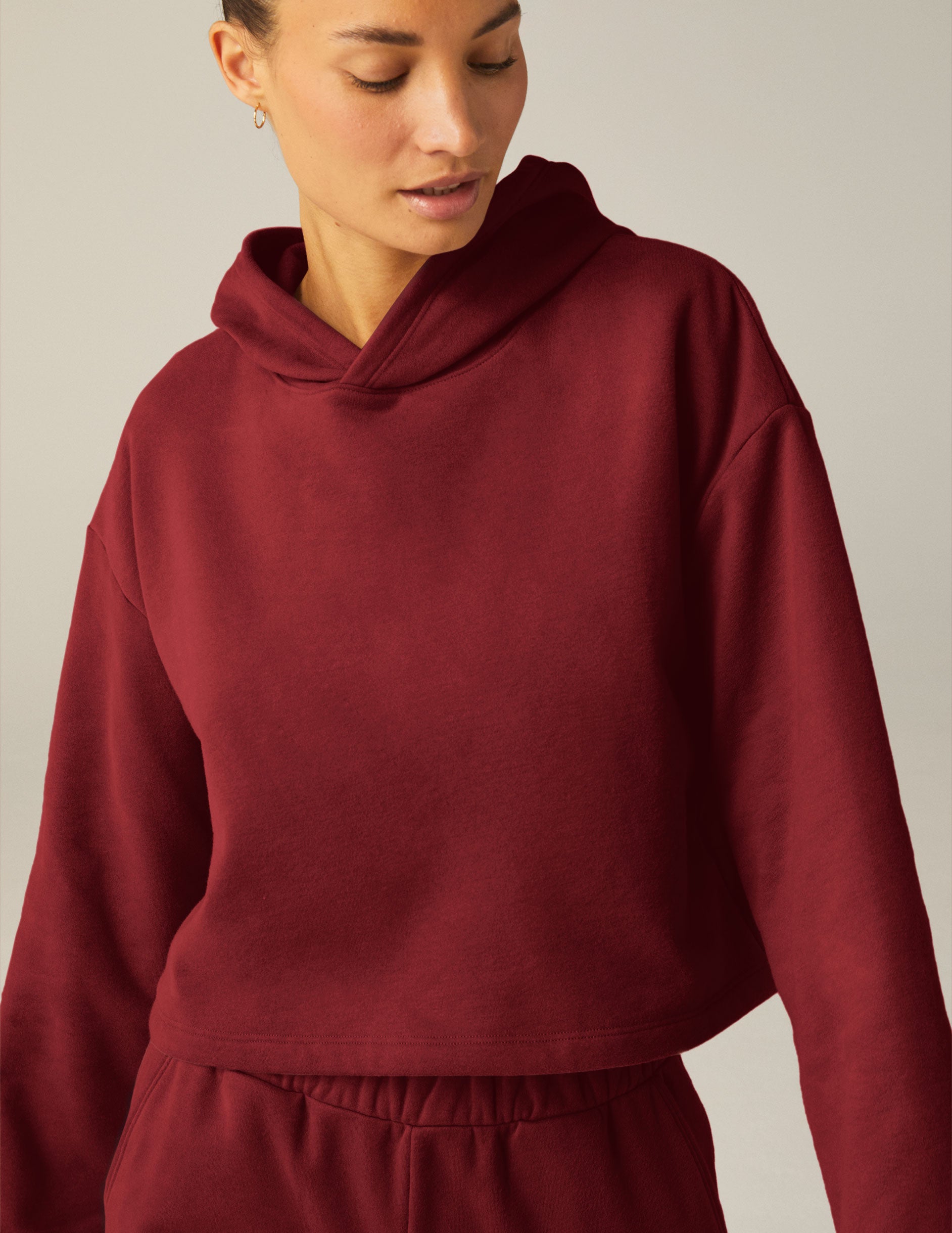 red cropped fleece hoodie. 