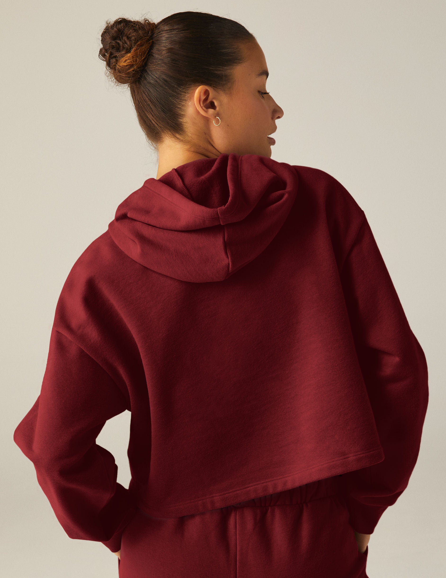 red cropped fleece hoodie. 