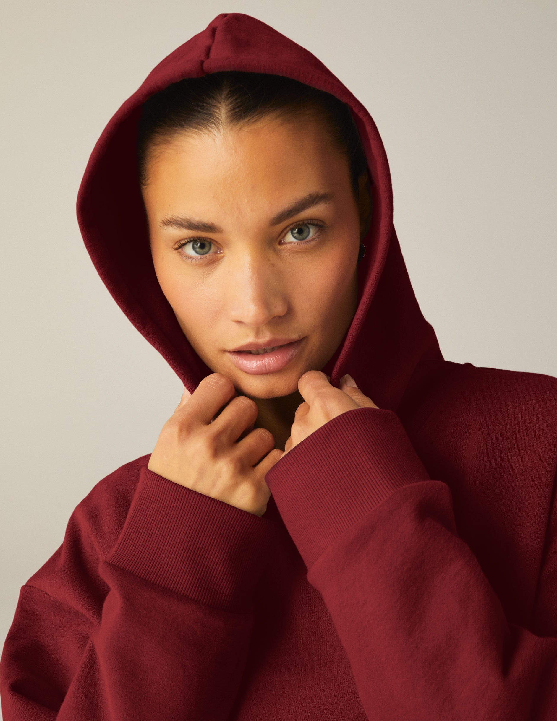 red cropped fleece hoodie. 