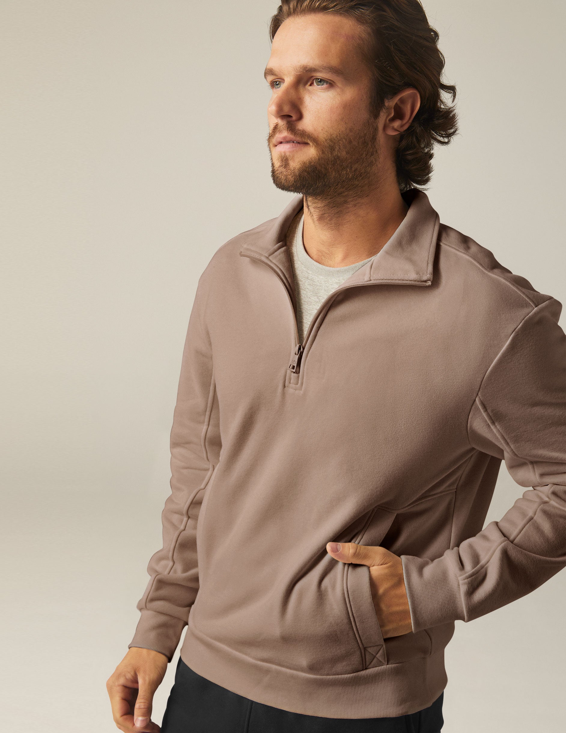 brown half zip jacket with pockets