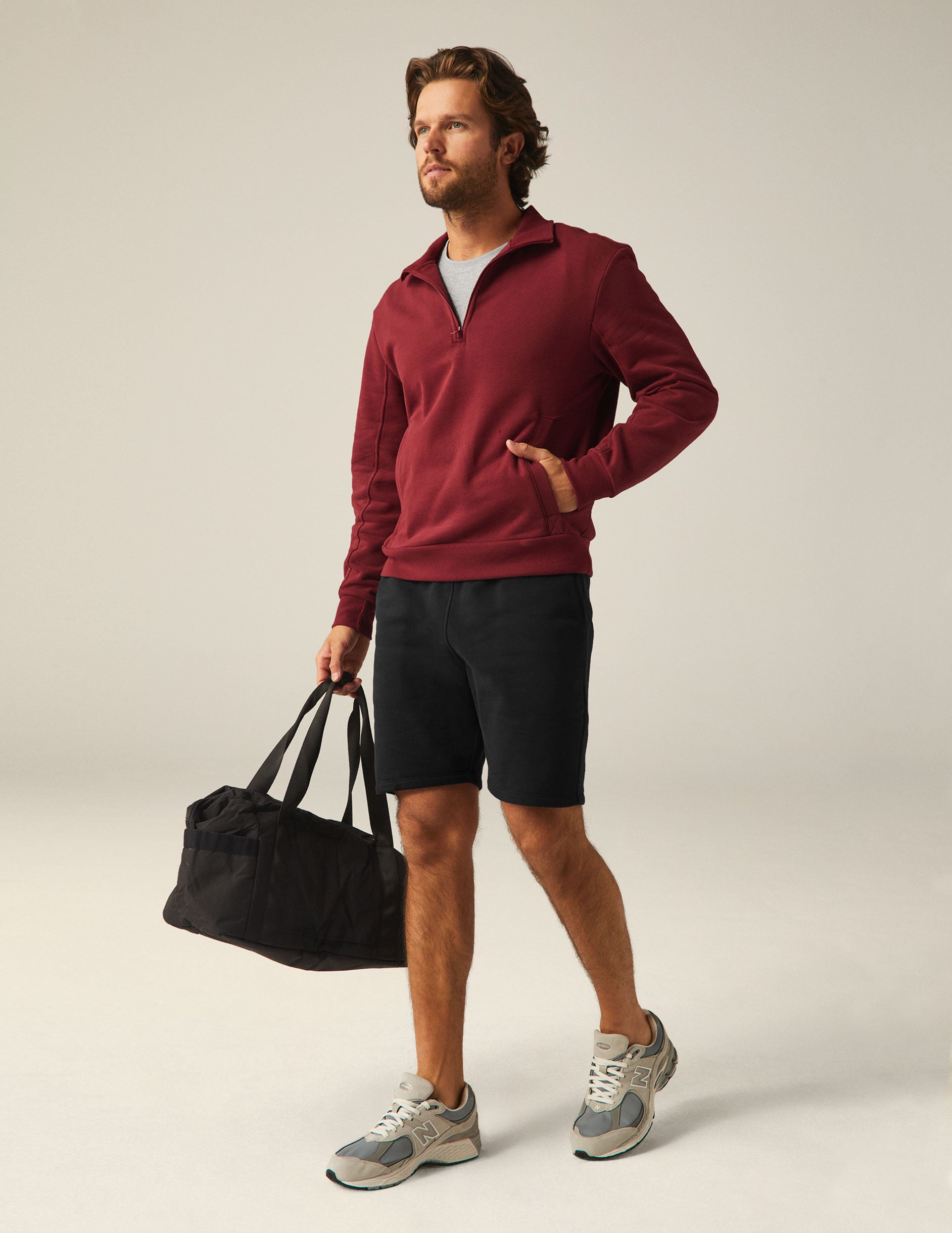 red men's quarter zip pullover with a kangaroo pocket. 