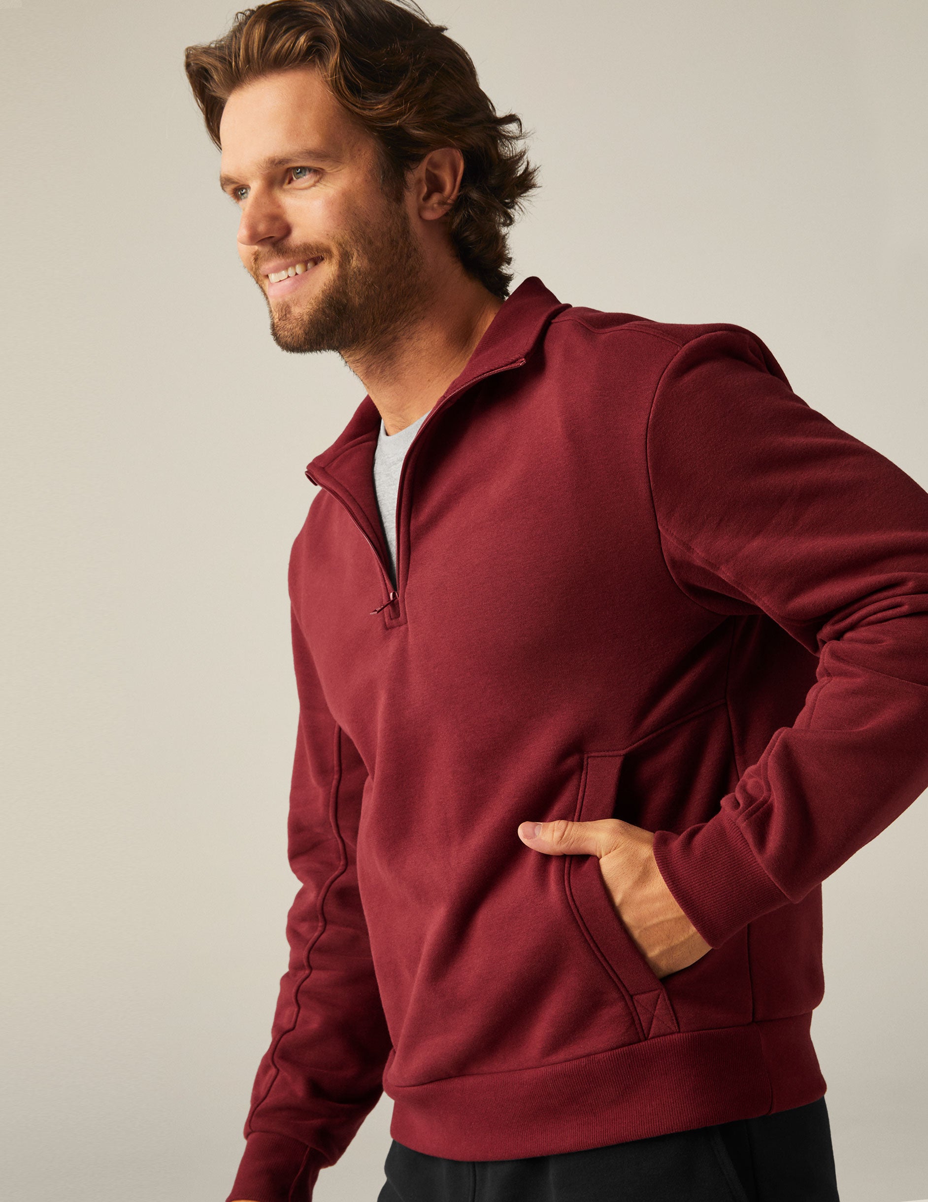 red men's quarter zip pullover with a kangaroo pocket. 