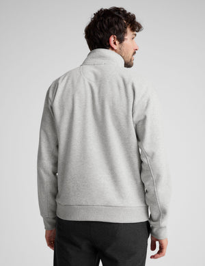 gray quarter zip jacket with kangaroo pocket. 