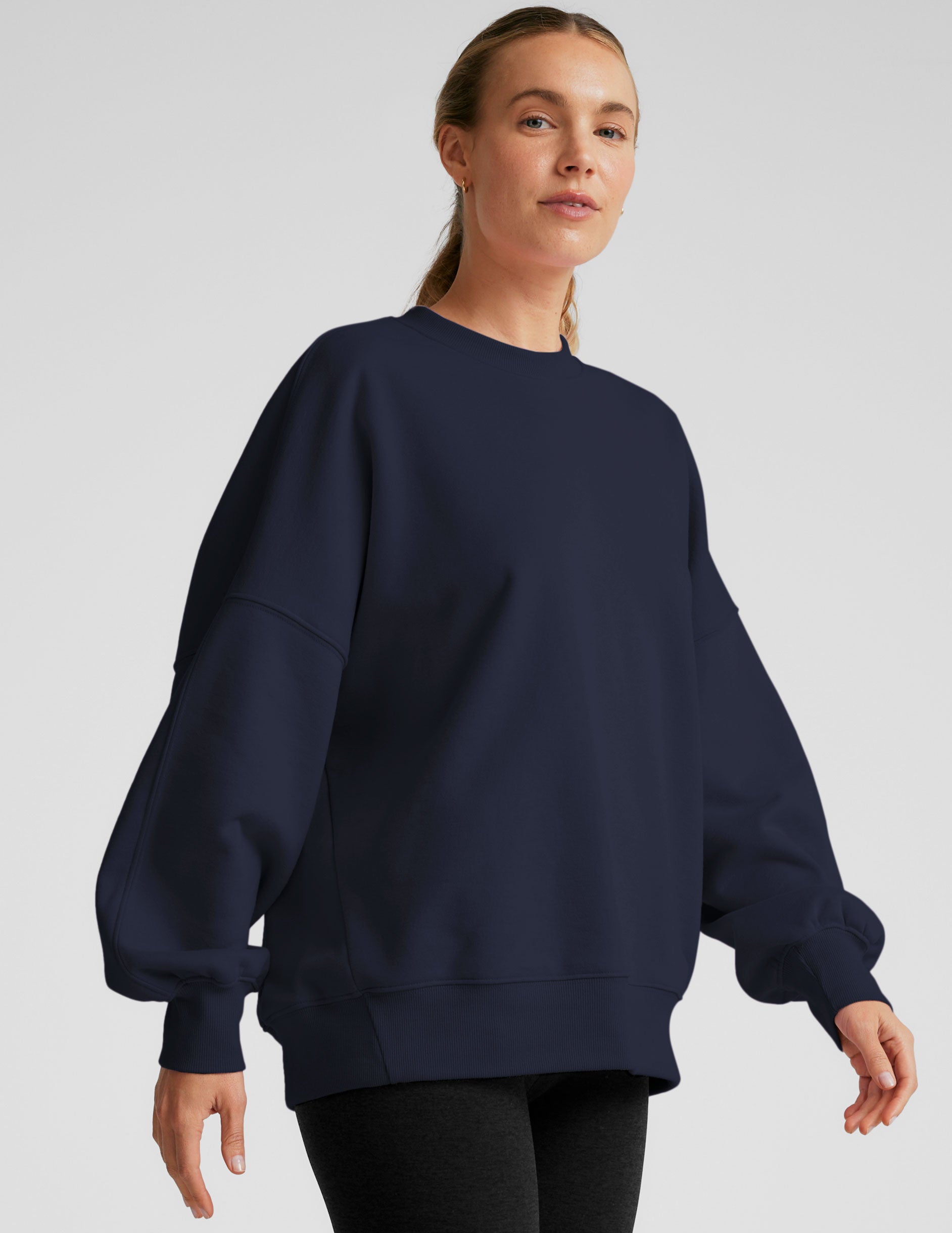 blue crew neck sweatshirt.