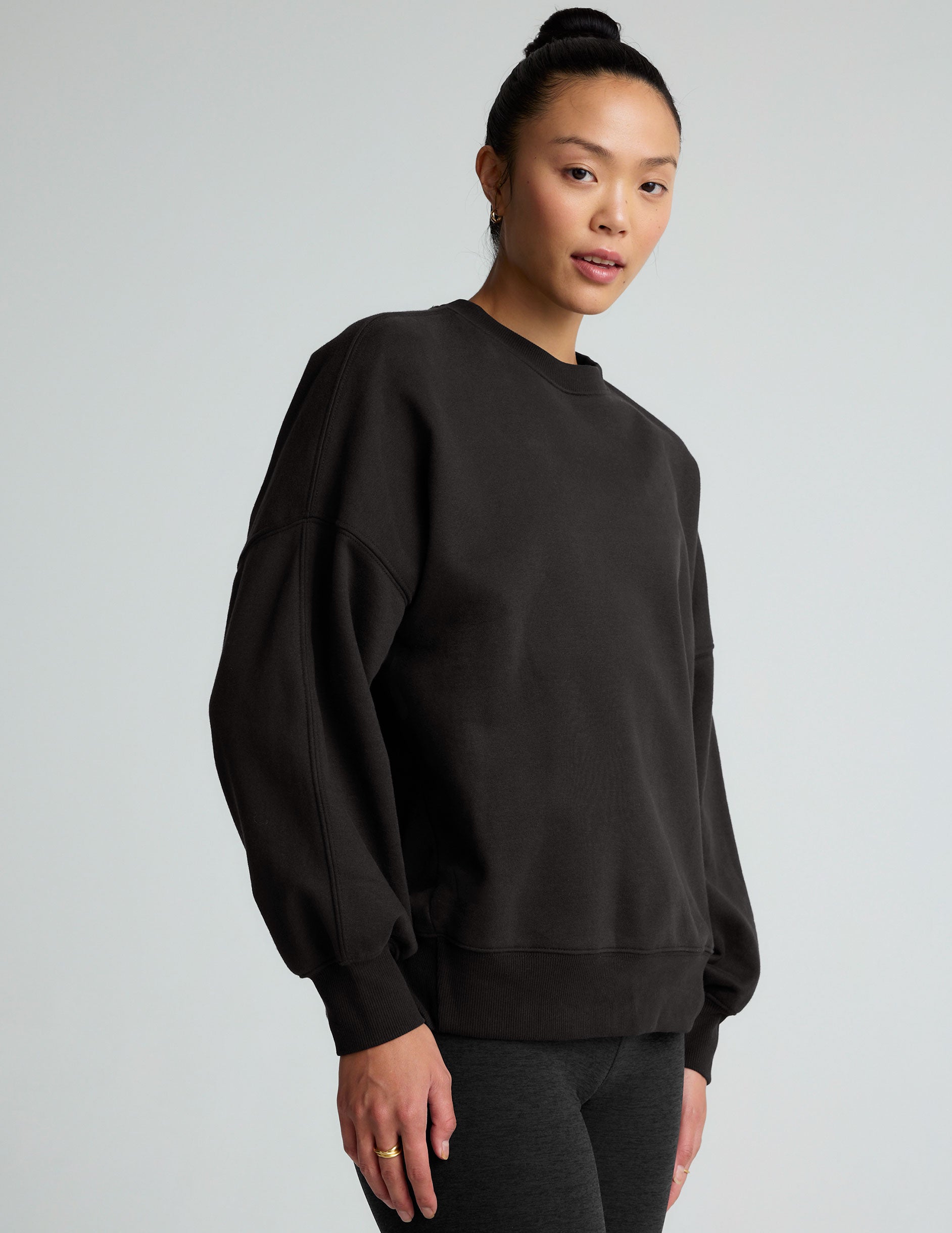 black crew neck sweatshirt.