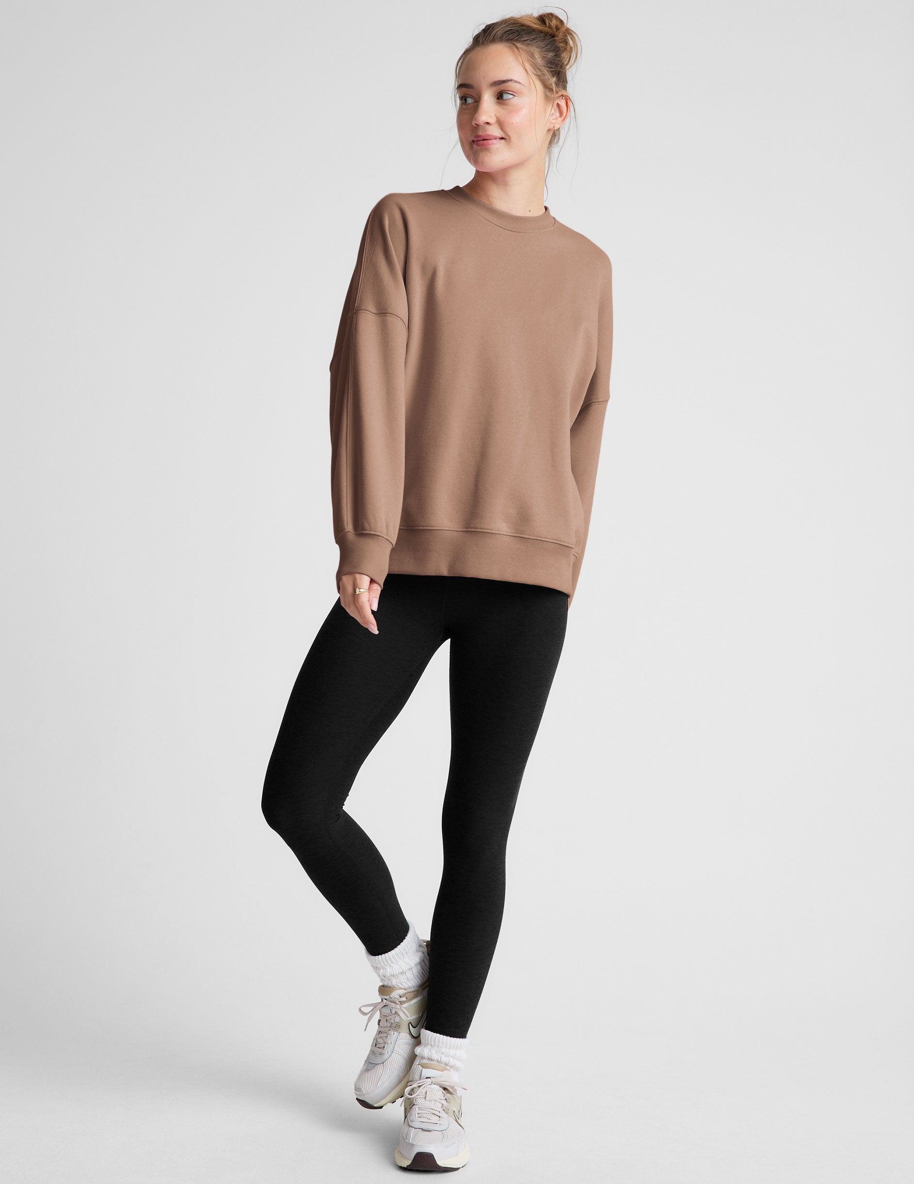 brown crewneck oversized sweatshirt. 