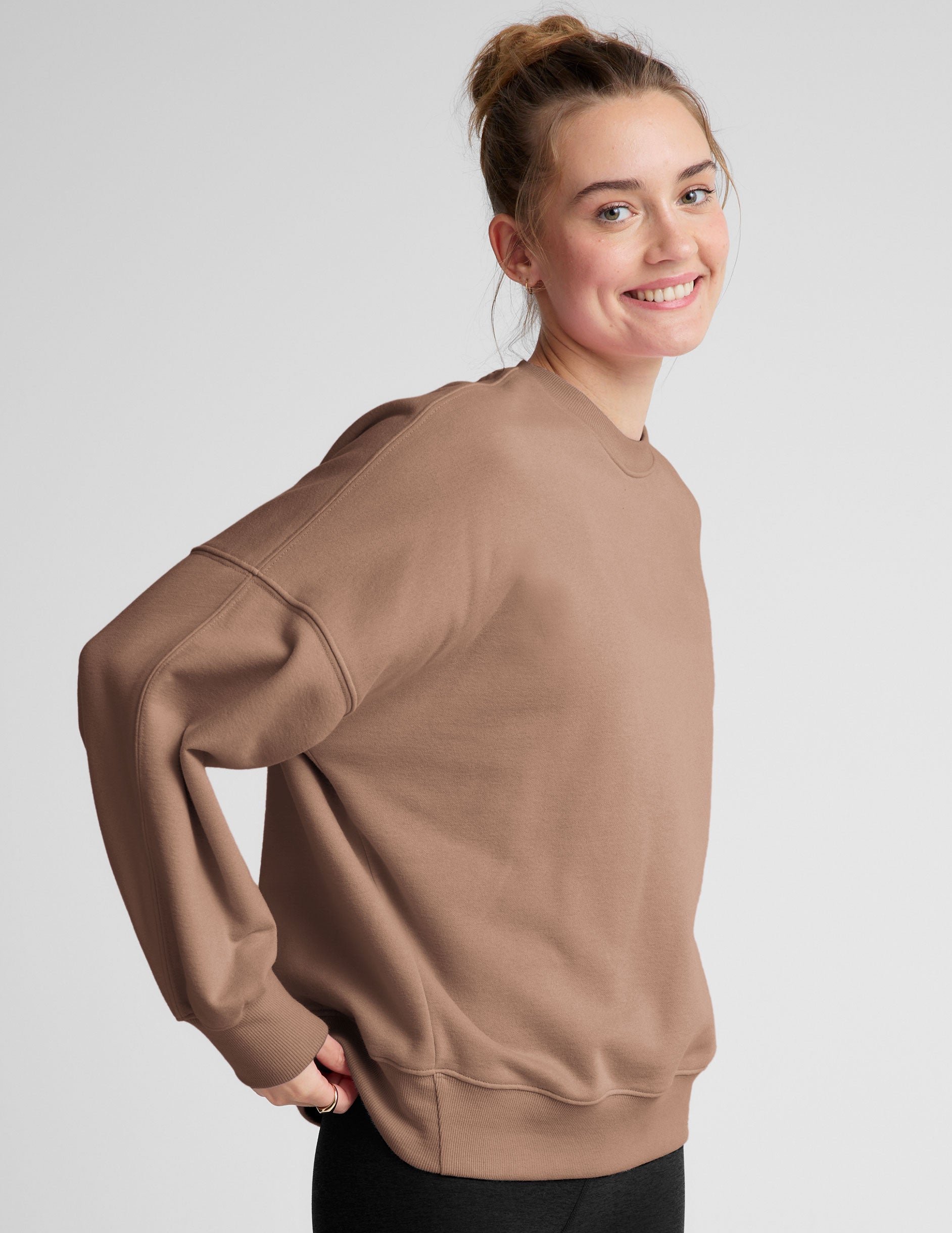 brown crewneck oversized sweatshirt. 