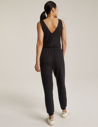 black jumpsuit with drawstring at waist
