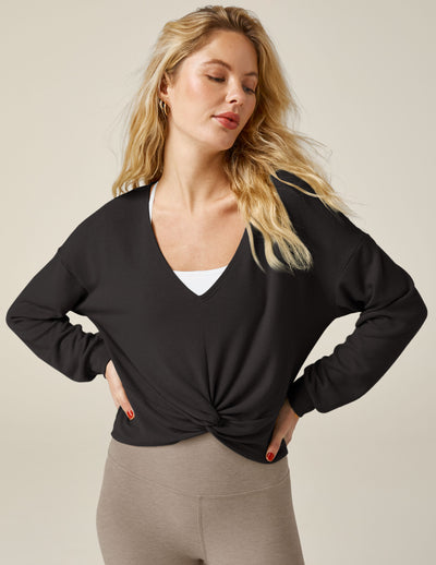 black v neck long sleeve top with twist front detail