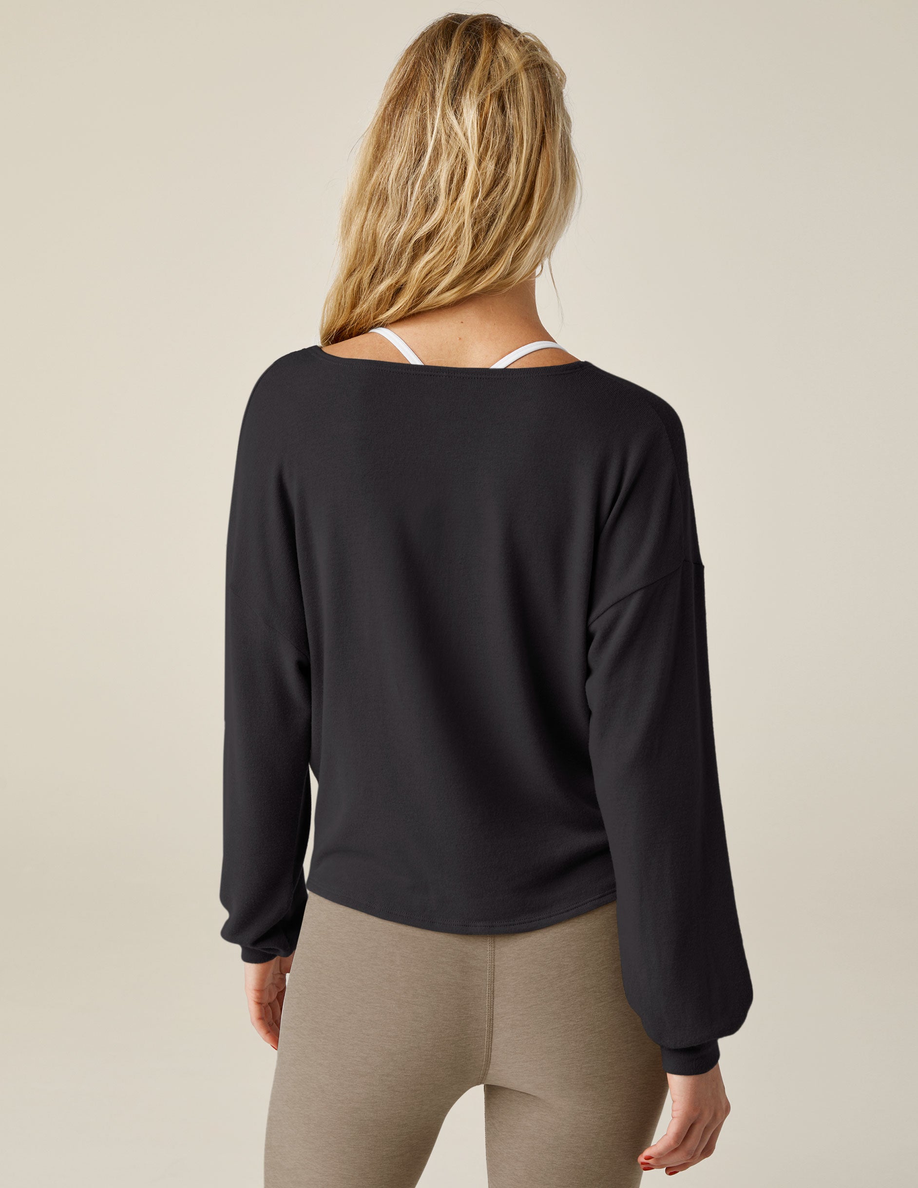 black v neck long sleeve top with twist front detail