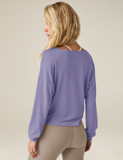 purple v neck long sleeve top with twist front detail