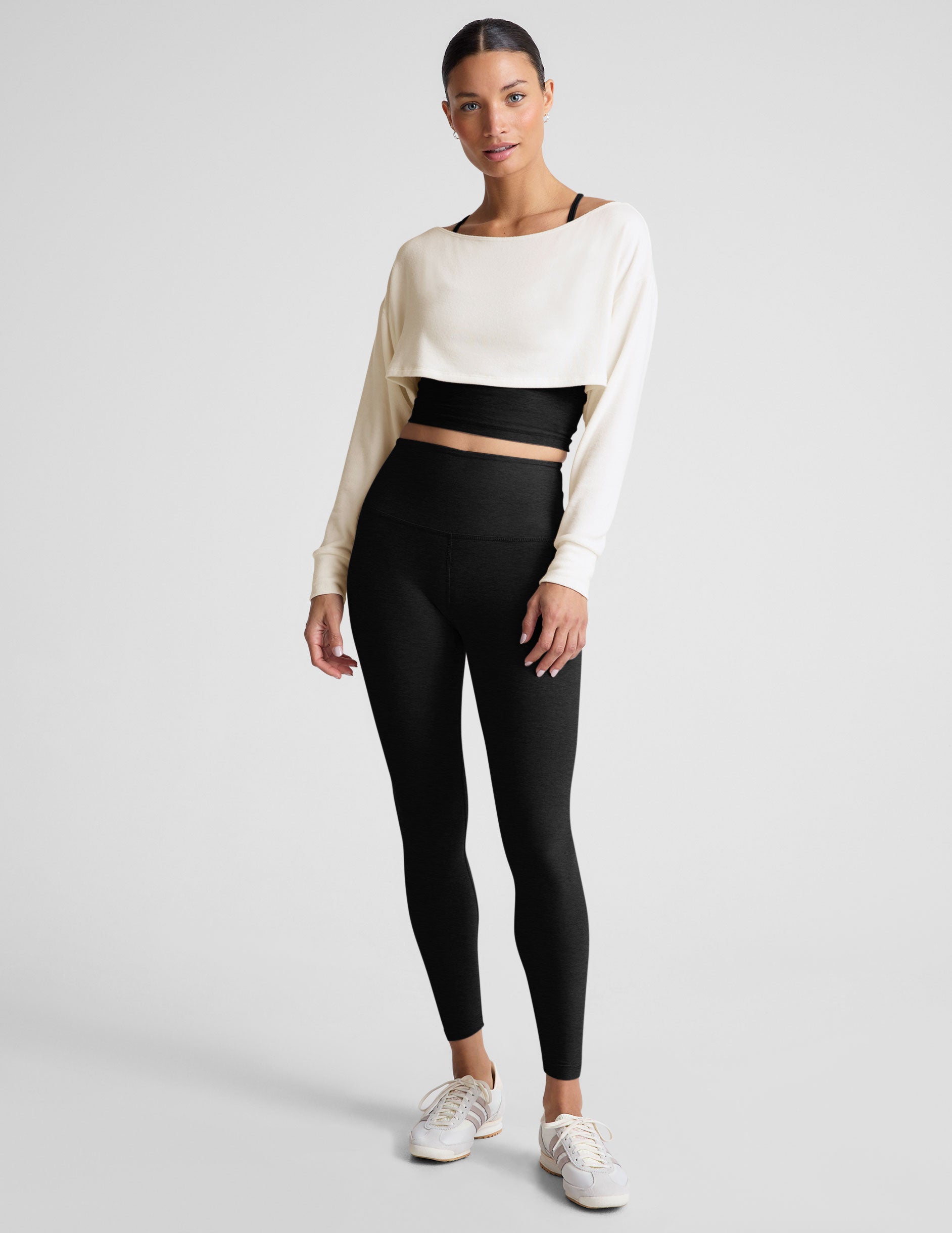 white off the shoulder two way long sleeve shrug. 