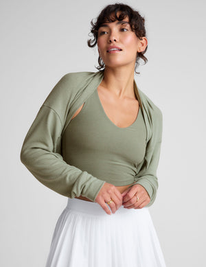 green 2-way long sleeve cropped shrug. 