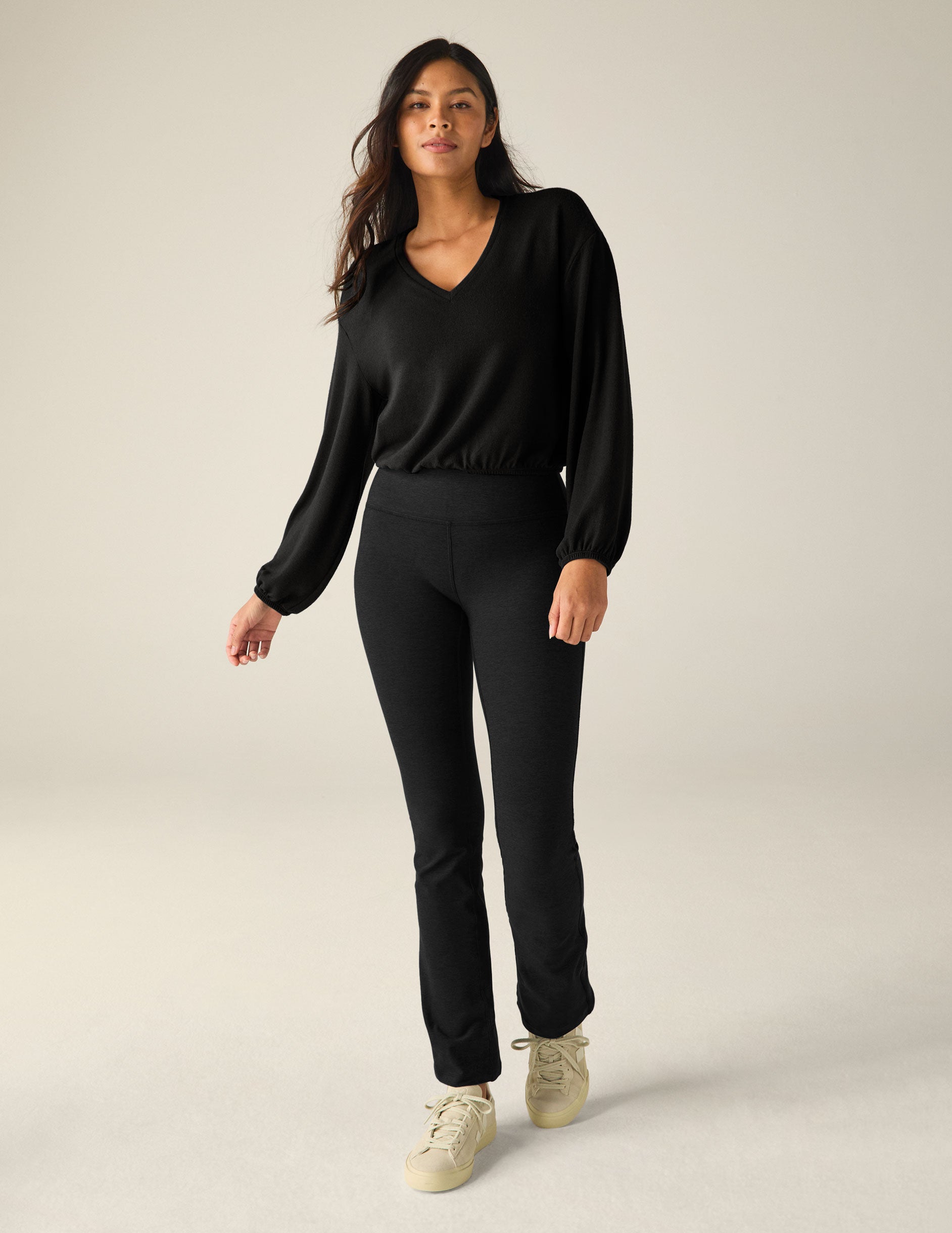 black v-neck pullover.