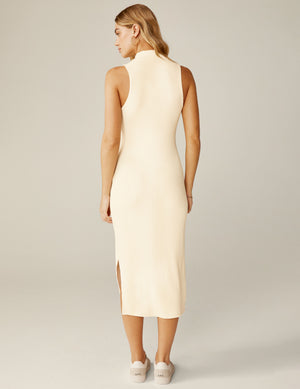white ribbed mock neck tank top midi dress with a front side slit. 