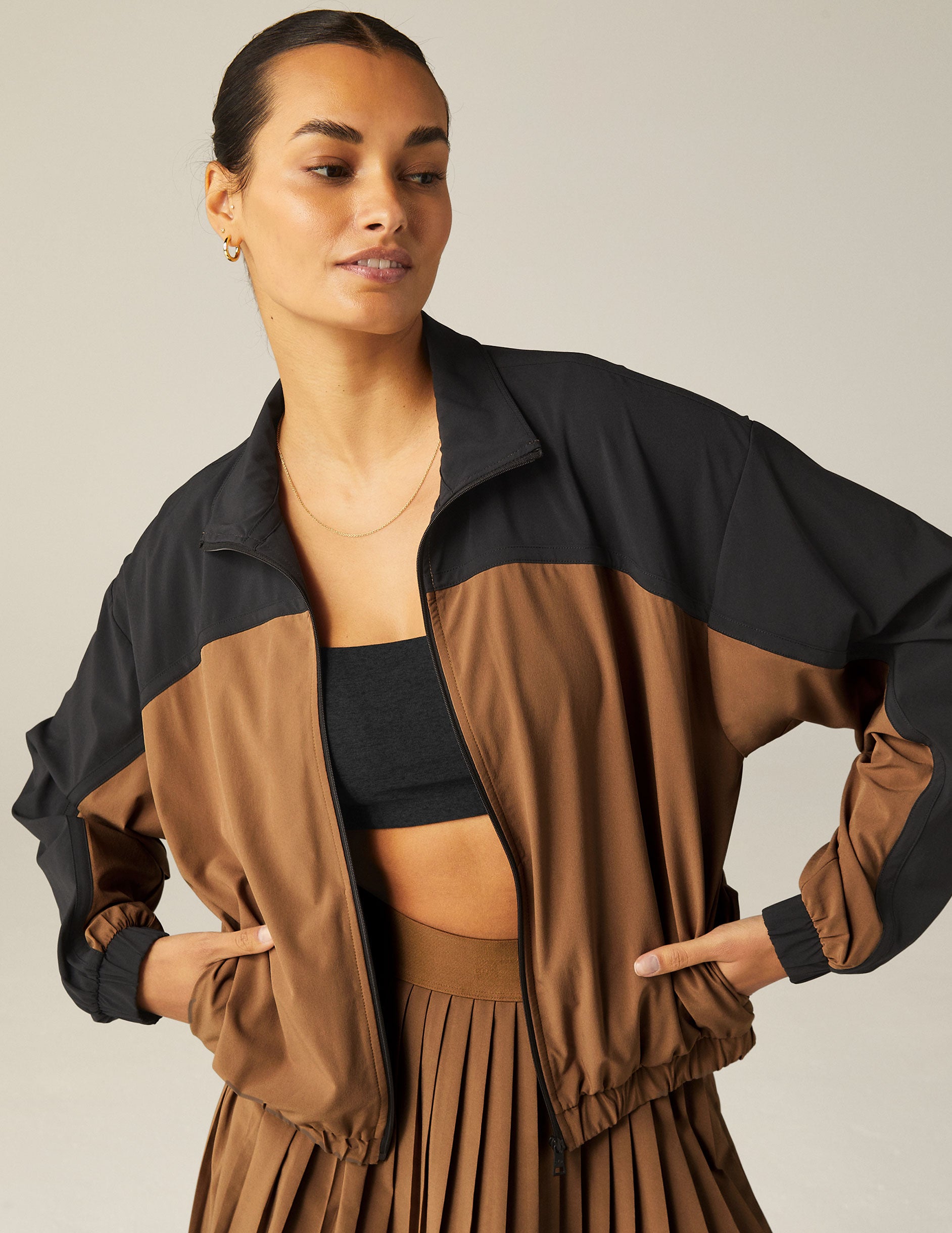 brown and black colorblock zip jacket