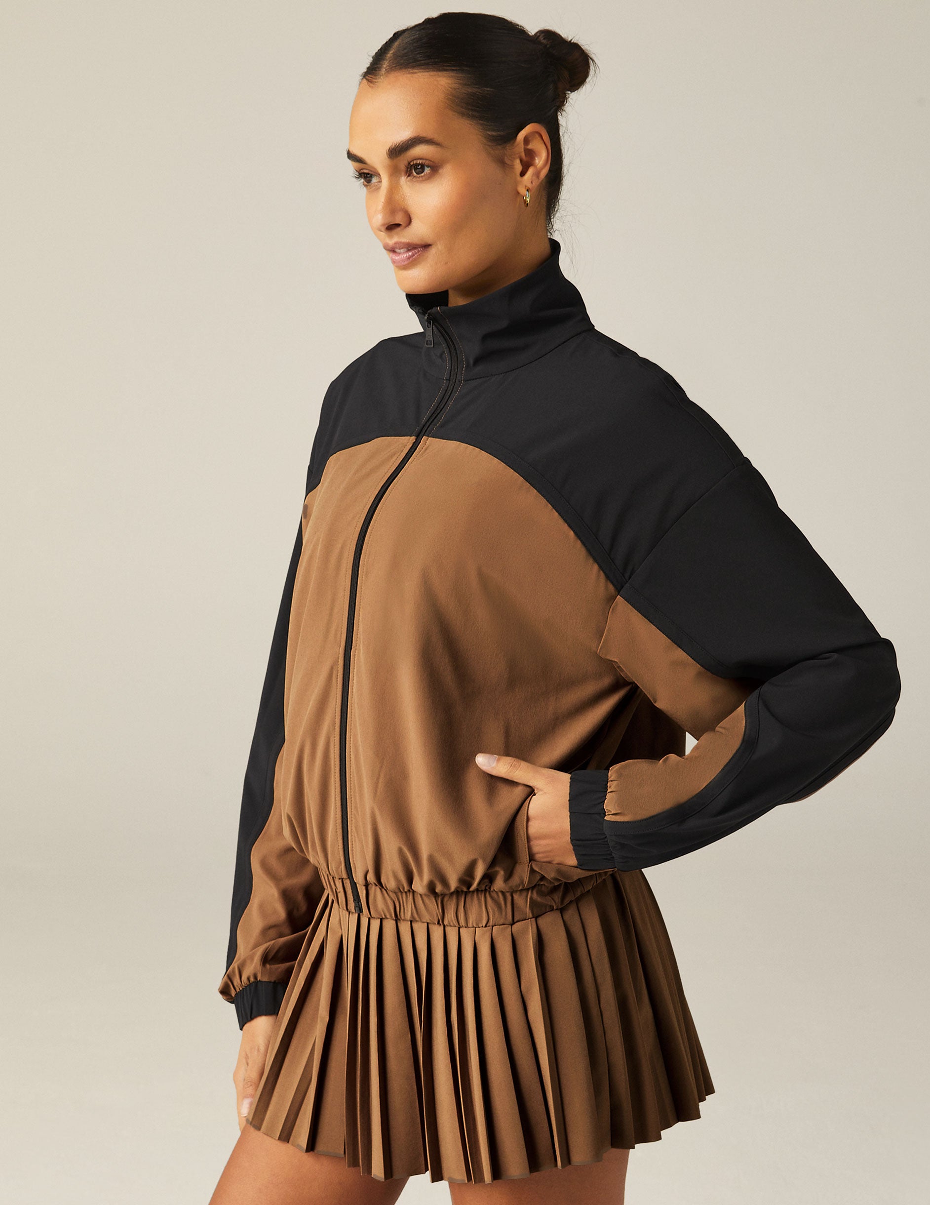 brown and black colorblock zip jacket