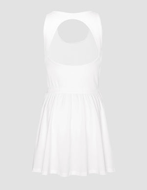 white flare dress with shorts underneath