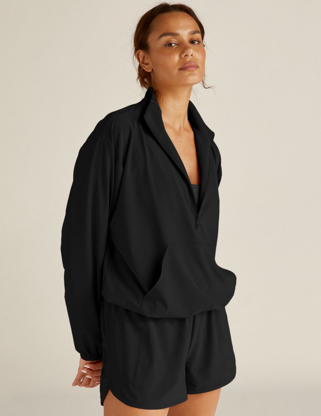Stretch Deco Crepe Zip Front Pullover Blouse, Black