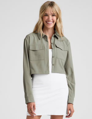 green button down cropped jacket. 