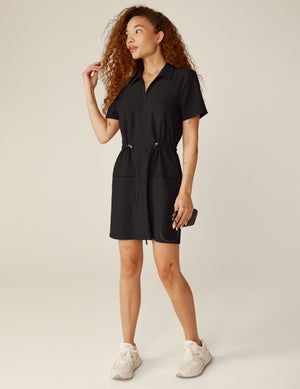 black zip-up mini cargo style dress. 
