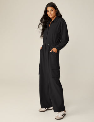 black cargo style long sleeve jumpsuit. 