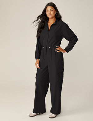 black cargo style long sleeve jumpsuit. 