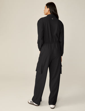 black cargo style long sleeve jumpsuit. 