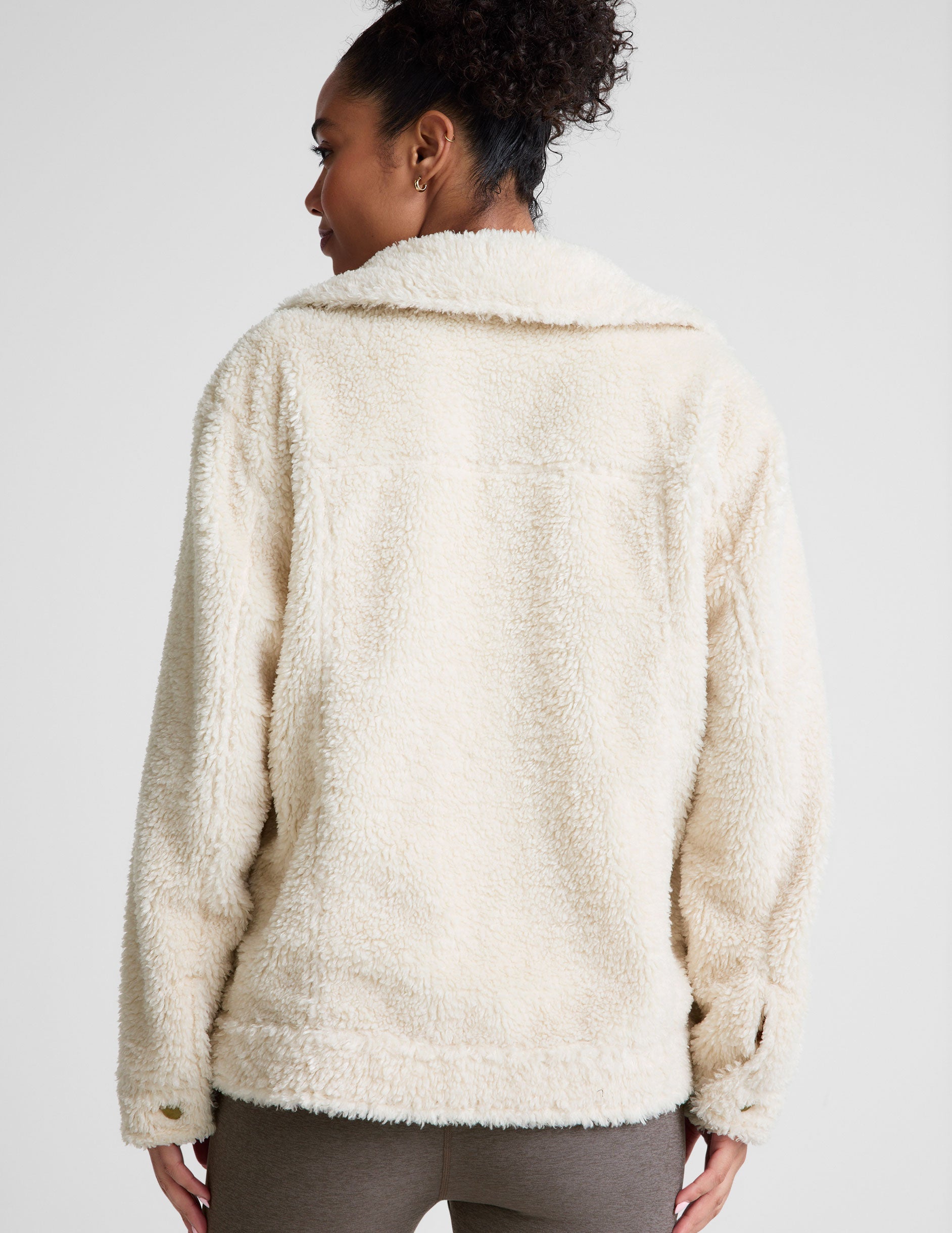 white button up faux sherpa jacket with pockets. 