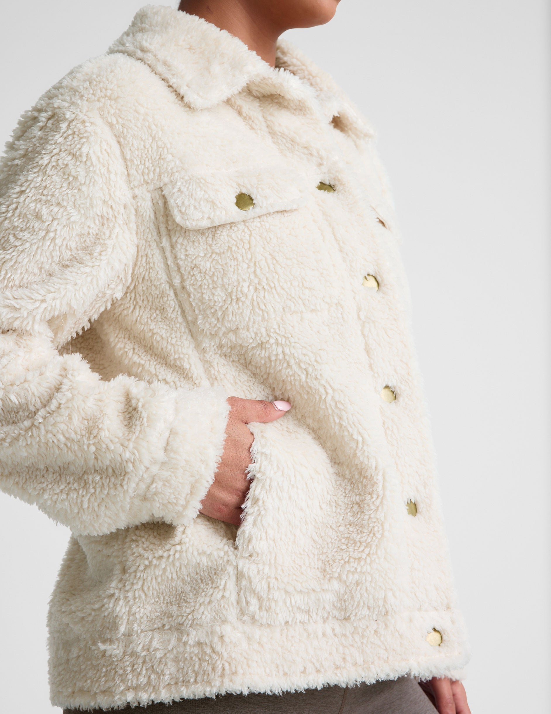 white button up faux sherpa jacket with pockets. 