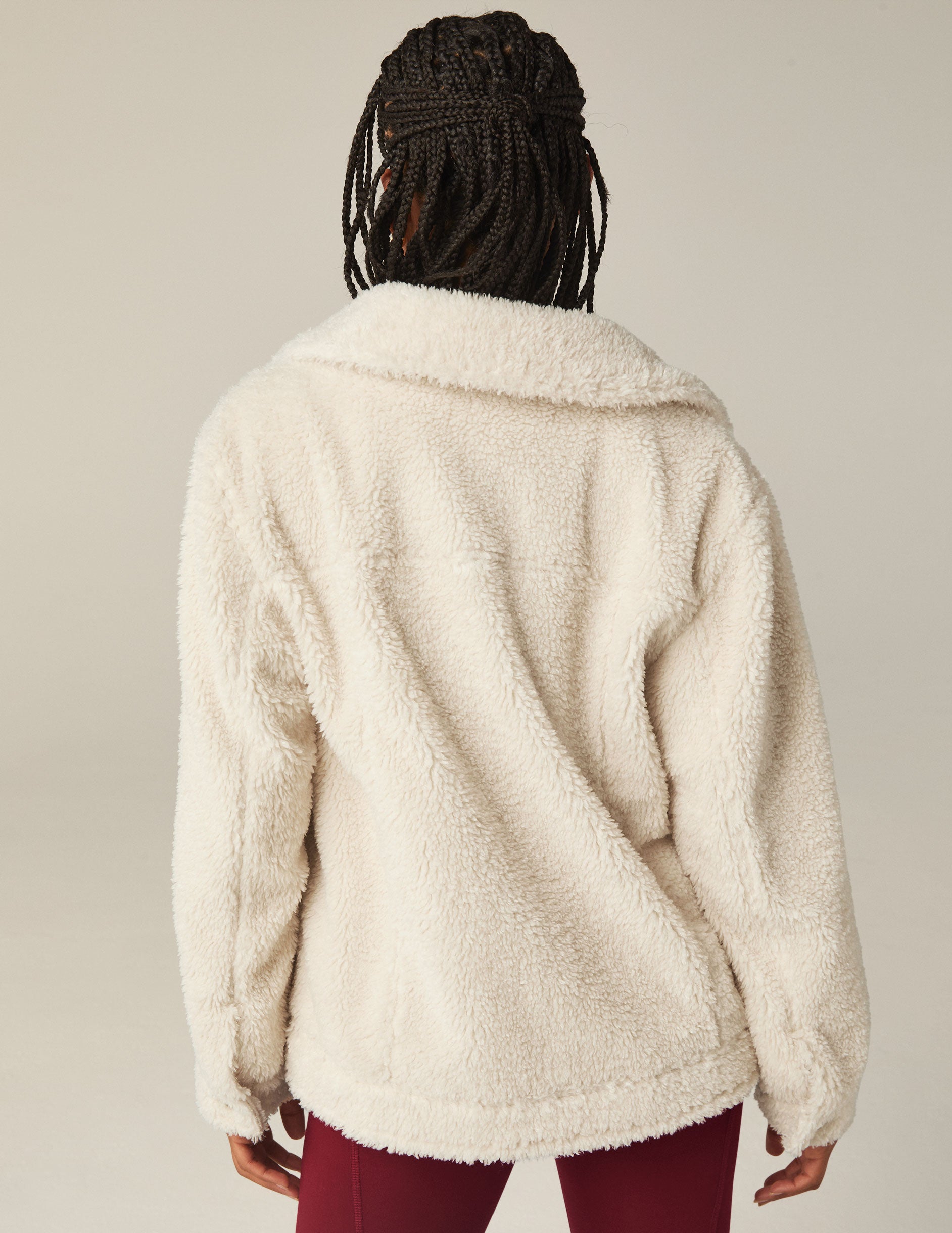 white button up faux sherpa jacket with pockets. 