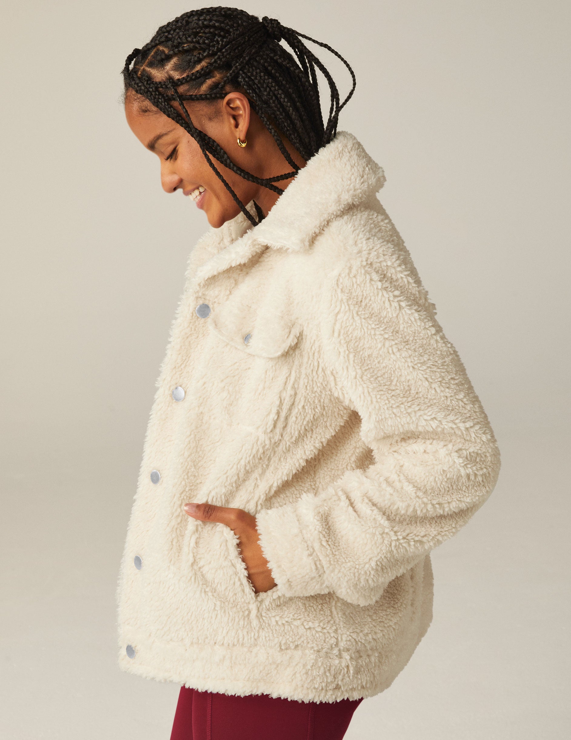 white button up faux sherpa jacket with pockets. 