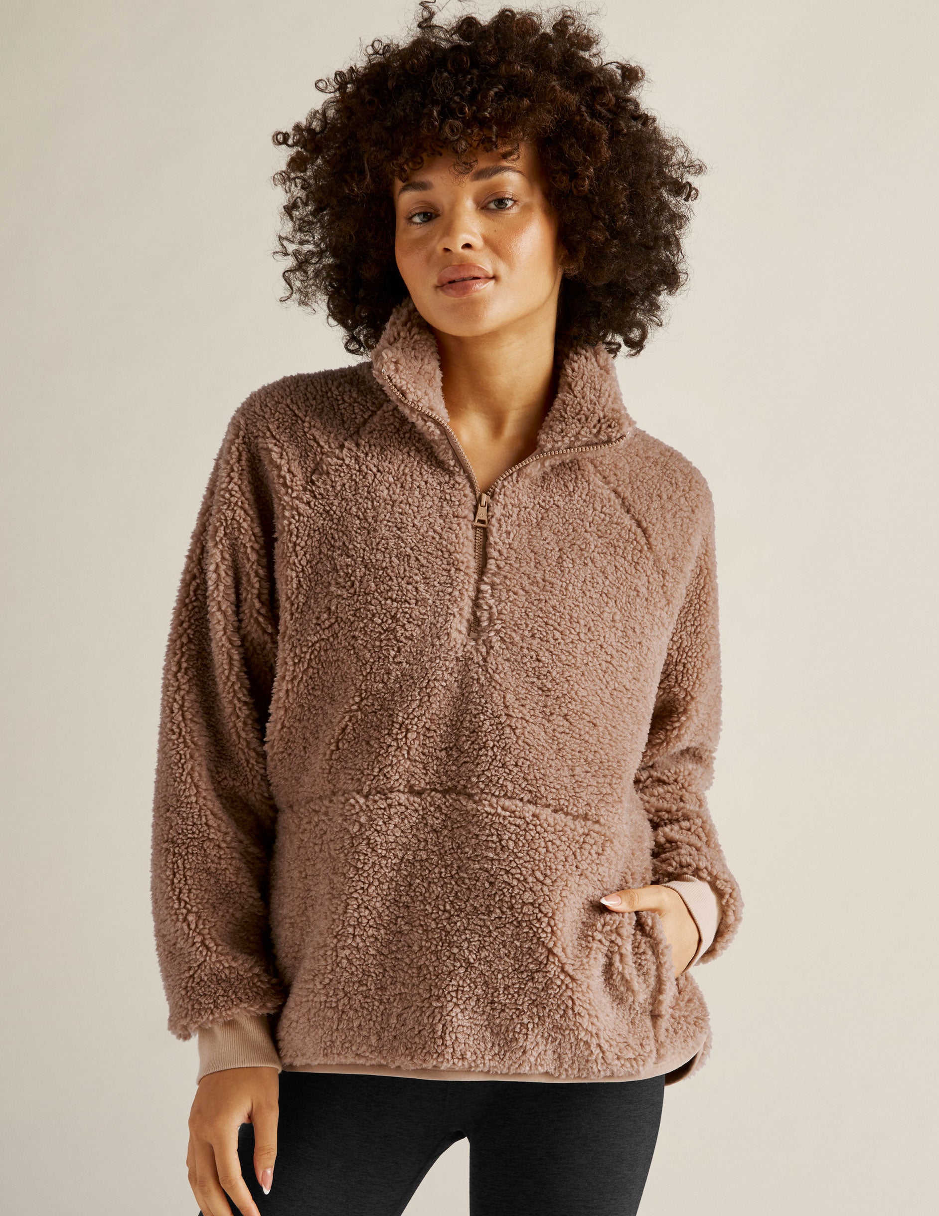 brown sherpa quarter-zip pullover. 