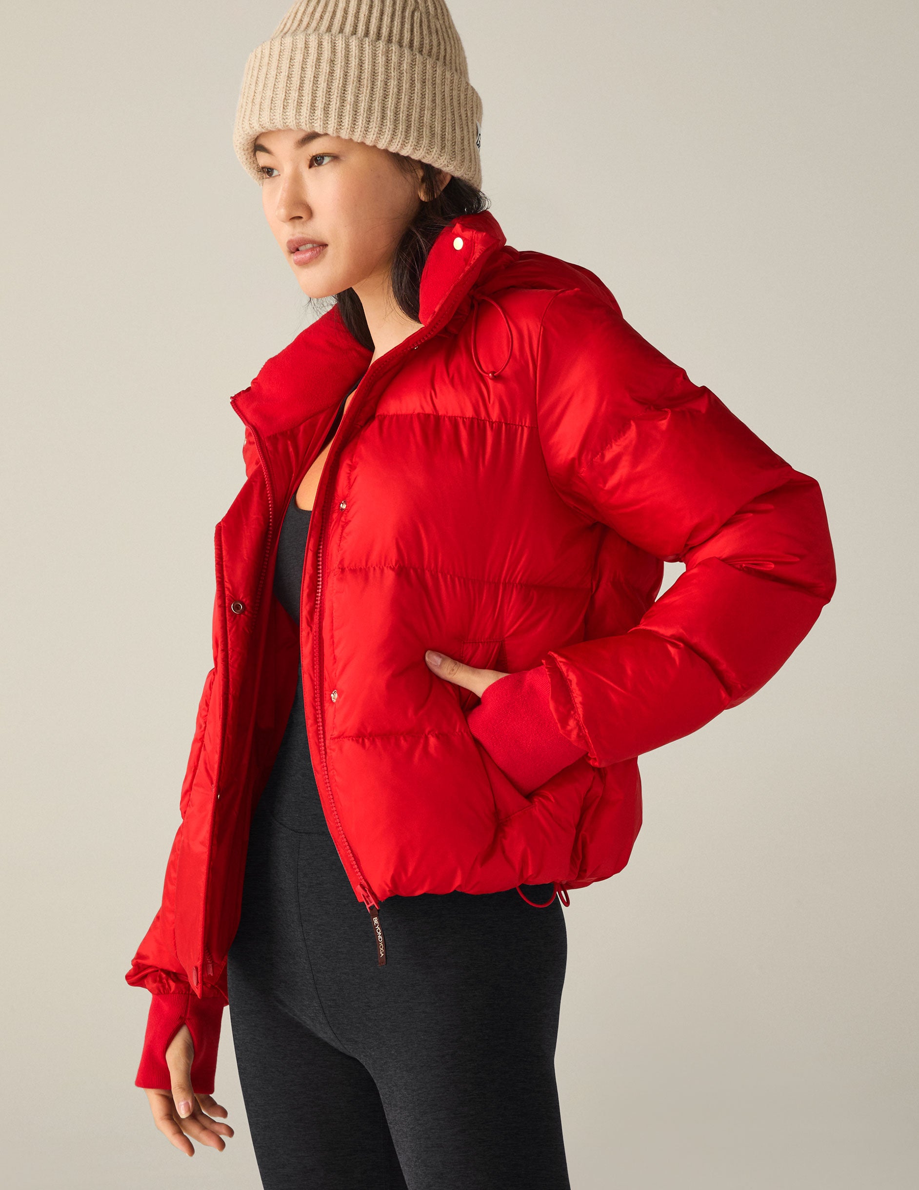 red hooded button & zip-up puffer jacket with pockets. 