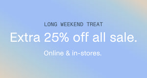 Promotional text for an extra 25% off sale on a gradient blue background. 