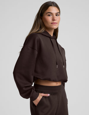 woman wearing a brown cropped hoodie and pants against a plain background. 