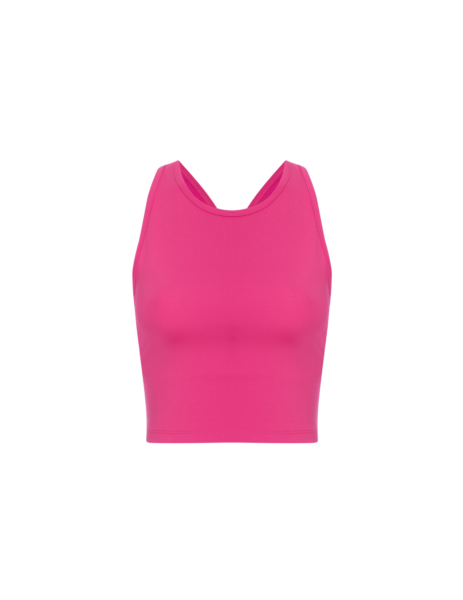 pink scoop neck racerback cropped tank with an open back detail held with bartacks.