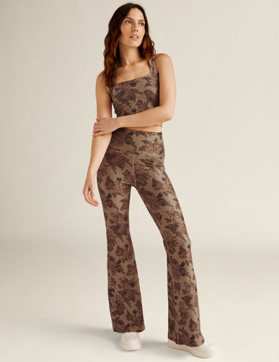 brown floral printed high-waisted flare leggings. 