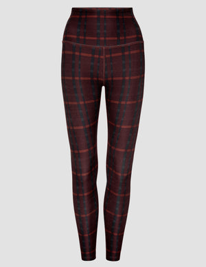 red plaid printed high-waisted midi length leggings. 
