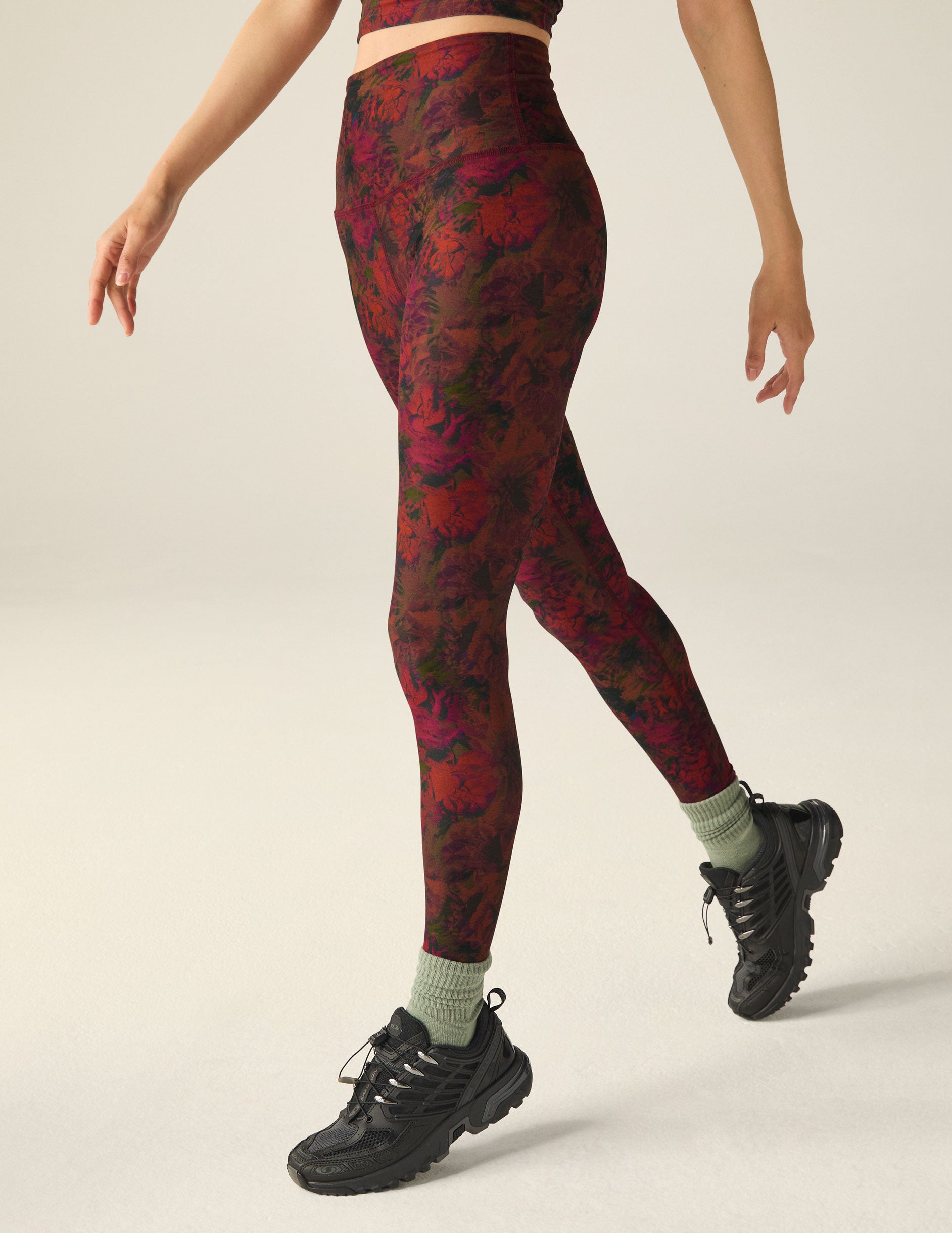 red floral printed high-waisted midi length legging. 