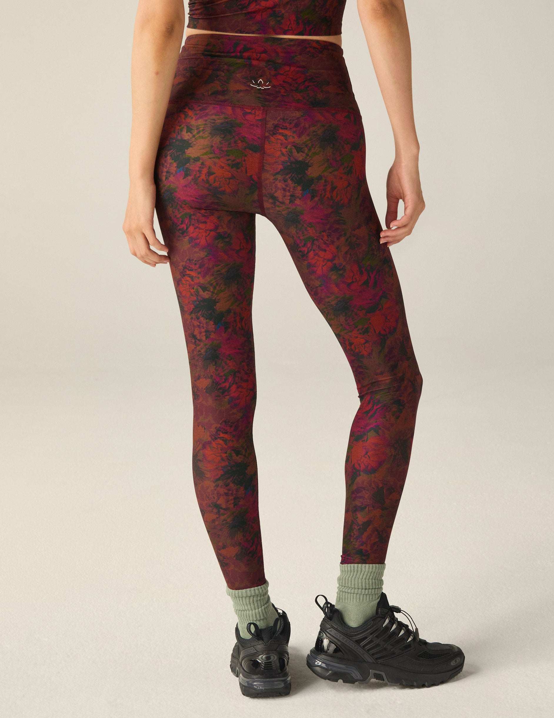 red floral printed high-waisted midi length legging. 