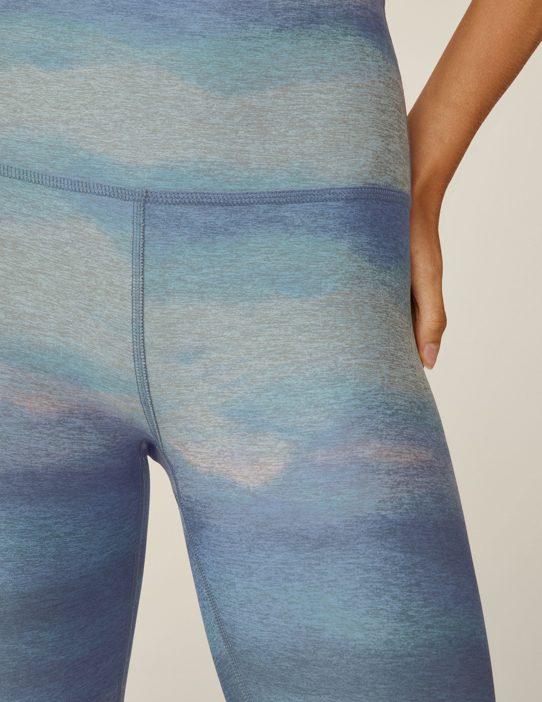 blue high-waisted watercolor printed midi leggings. 