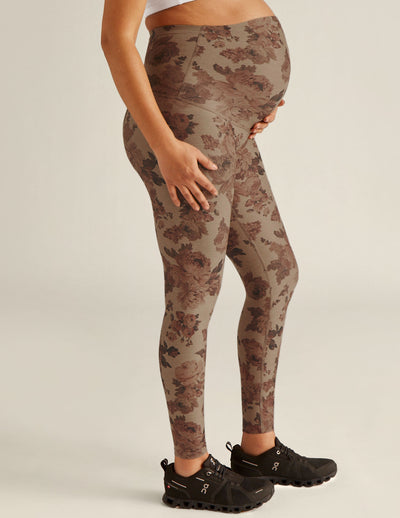 brown floral printed maternity midi leggings. 