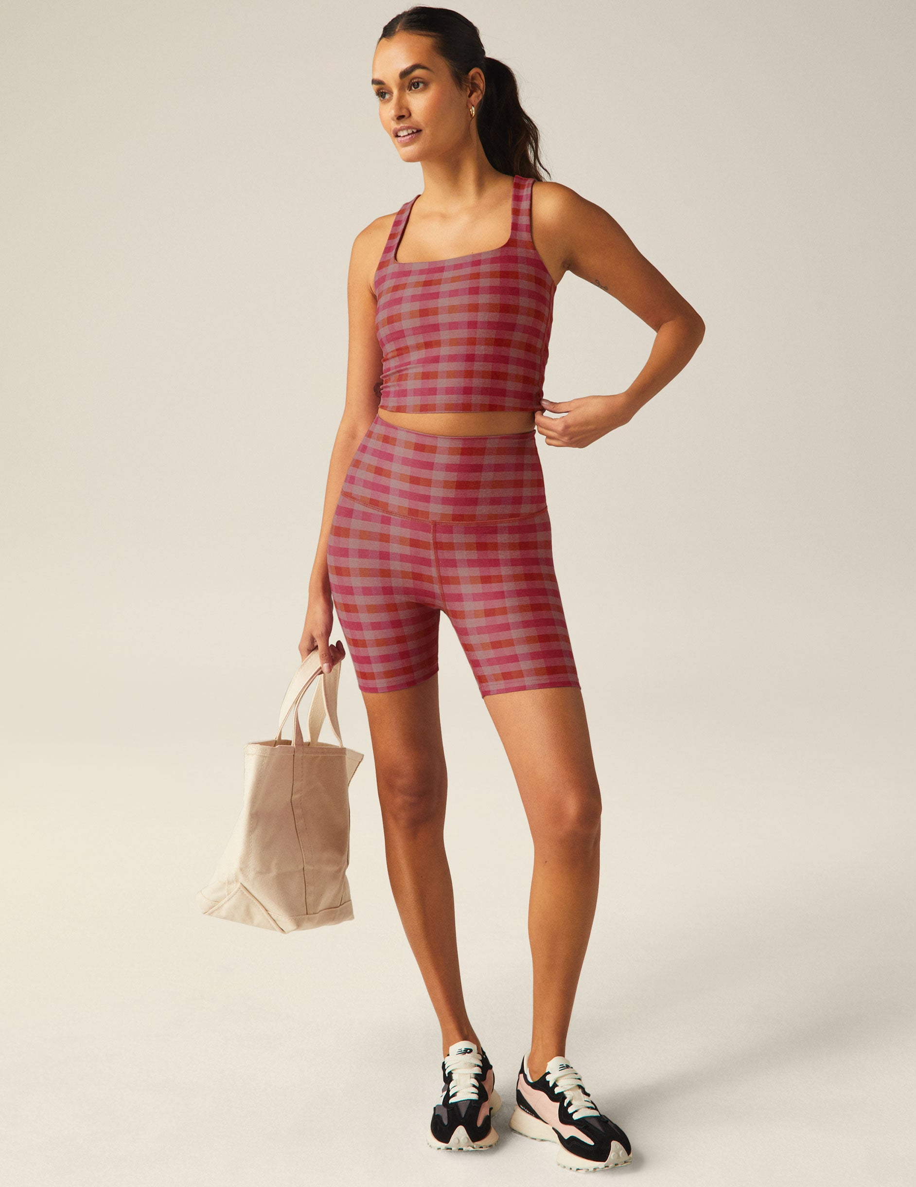 pink gingham patterned square neck cropped tank top.
