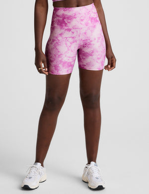 pink and white ice dye print high-waisted biker shorts. 